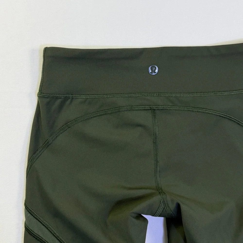 Lululemon Tight Stuff Crop II Dark‎ Olive Green Mesh Running Tights Yoga Size 2